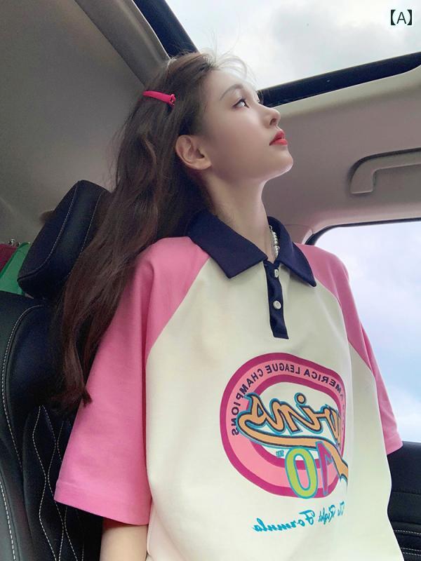 ポロシャツ レディース 大人 トップス 襟 ボタン 半袖 夏 涼しい 五分袖 カラーブロック ピンク 青 緑 カジュアル ビックプリント