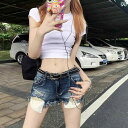 ダメージ デニム ショートパンツ レディース 大人 ハイウエスト ズボン ボトムス ジーンズ Gパン 春夏 Aライン 股上浅め ローライズ ストレート 着
