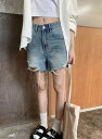 ダメージ デニム ショートパンツ レディース 大人 ハイウエスト ズボン ボトムス ジーンズ Gパン 春夏 コットン ストレート ゆったり ワイド 着Į...