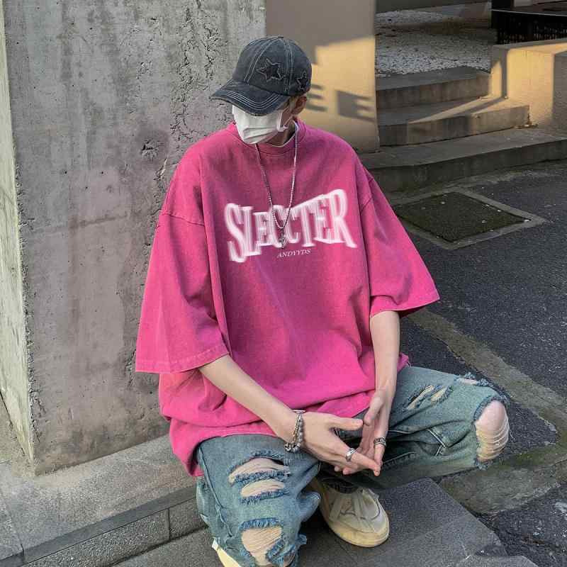 tシャツ メンズ 半袖 大きいサイズ アメリカン レトロ 夏 ヘビーウェイト プリント ルーズ ビッグシルエット ラウンドネック ドロップスリーブ 五分袖 レジャー ゆったり 紫 黒 緑