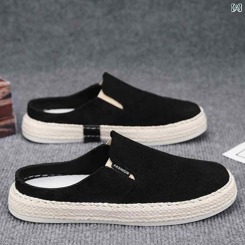 かかとなしスニーカー スリッパ スリッポン シューズ 紐なし メンズ カジュアル ドライビング キャンバス 無地 シンプル 春夏秋 ブラック グリーン ベージュ