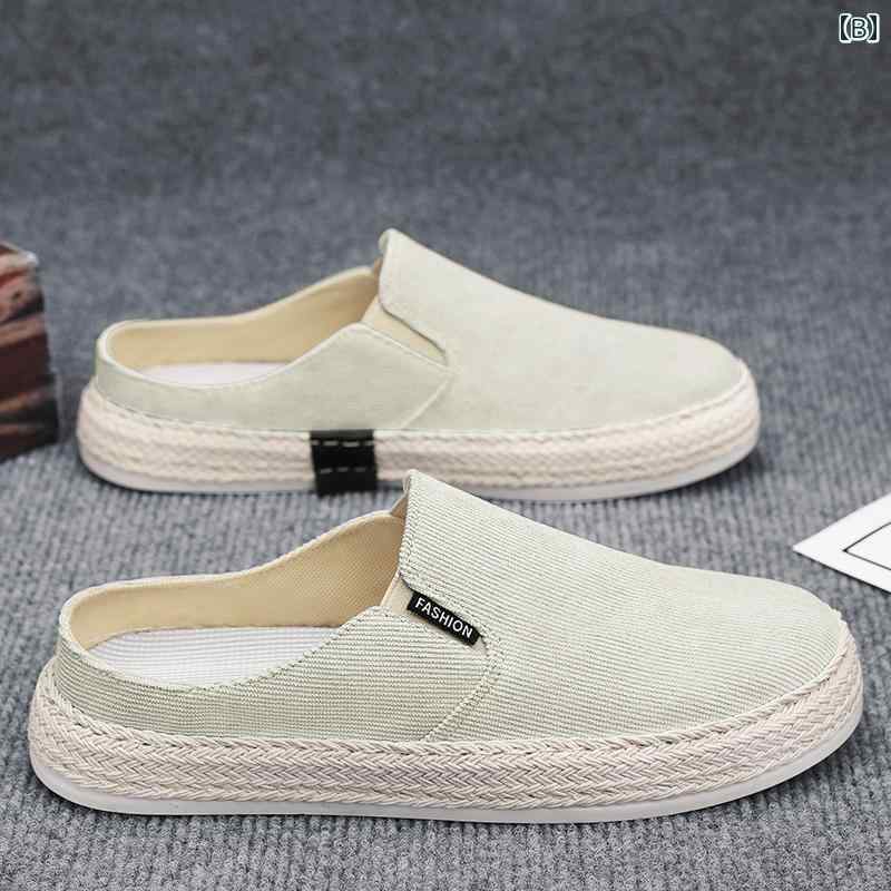 かかとなしスニーカー スリッパ スリッポン シューズ 紐なし メンズ カジュアル ドライビング キャンバス 無地 シンプル 春夏秋 ブラック グリーン ベージュ