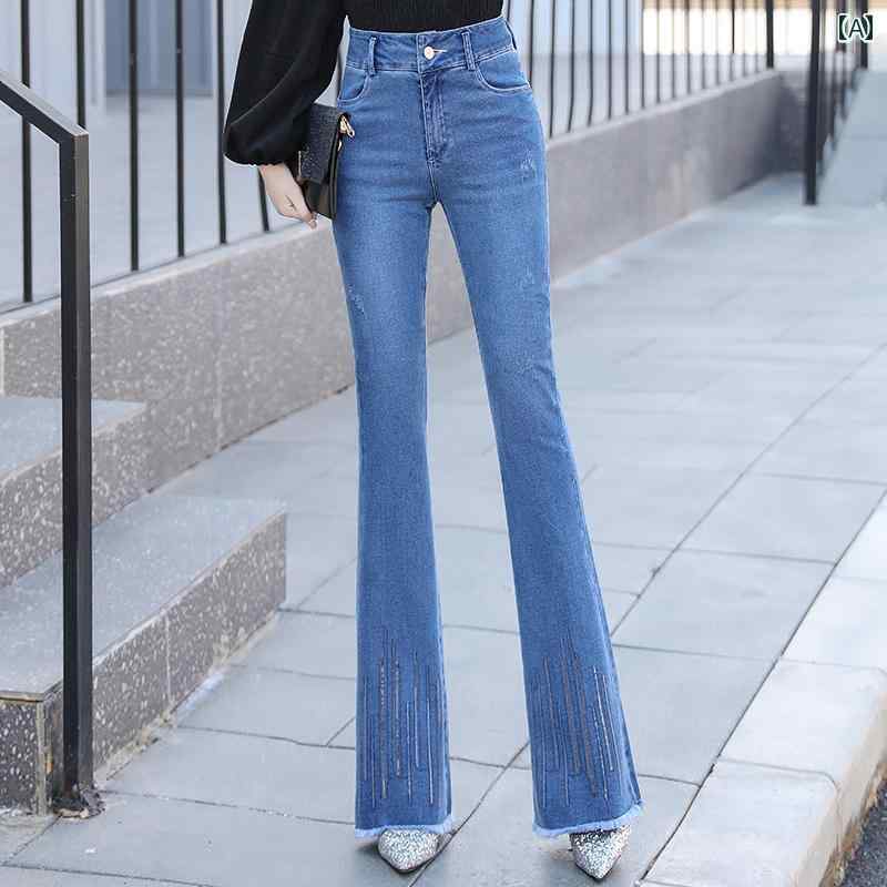 デニム フレア パンツ レディース 春 ジーンズ ベルボトム ハイウエスト ロング ワイドレッグ 大きいサイズ スリム カットオフ 柔らかい シンプル スタイリッシュ カジュアル 青