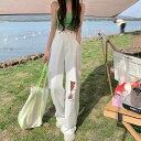 ダメージジーンズ ワイド レディース 春夏 薄手 ゆったり カジュアル ストレート ハイウエスト おしゃれ ショッピング 旅行 ビーチ 白 青