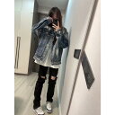ダメージデニム レディース 春夏 ワイドレッグ ストレートパンツ レトロ アメリカン クラッシュ加工 おしゃれ カジュアル ショッピング お出かけ 黒