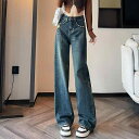 ダメージデニム レディース ワイドレッグ ストレートパンツ ジーンズ 春秋 着痩せ ゆったり カジュアル おしゃれ ショッピング 旅行 グレー 青