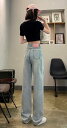 ダメージデニム レディース 春夏 ハイウエスト ジーンズ ワイドレッグ ストレートパンツ 着痩せ カジュアル クラッシュ加工 しゃれ お出かけ 旅行 青