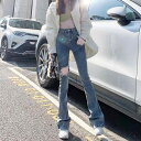ダメージデニム レディース 春夏 ハイウエスト フレアパンツ ベルボトム クラッシュ加工 カジュアル おしゃれ スリム お出かけ 旅行 青 黒