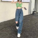 ダメージデニム レディース ワイドレッグ 春夏 ストレート クラッシュ加工 ゆったり ハイウエスト カジュアル ジーンズ おしゃれ 旅行 ショッピング レトロ ...