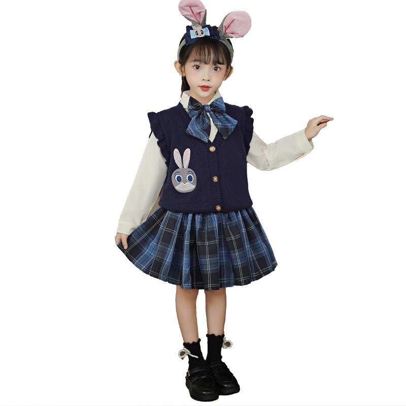 制服風 衣装 キッズ 女の子 子供服 春秋 JK セットアップ プリーツ スカート りぼん ベスト コットン 通気性 柔らかい ウサギ 長袖 紺