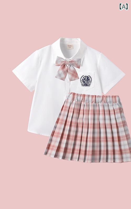 制服風 衣装 キッズ JK 女の子 半袖 セットアップ プリーツ スカート りぼん カレッジ 春夏 秋冬 チェック柄 ヘアゴム 刺繍 かわいい ピンク 緑 青
