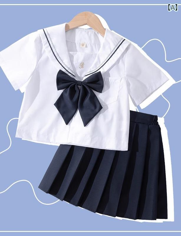 制服風 衣装 キッズ 女の子 JK 子供服 夏 セットアップ プリーツ スカート 半袖 セーラー 小学生 プルオーバー 蝶ネクタイ 薄手 ピンク 紫