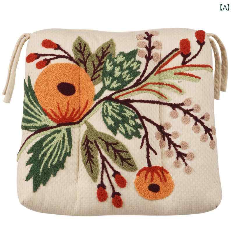 椅子 クッション おしゃれ 座面 綿 麻 刺繍 ひも 厚手 ソフト ファスナー 洗える ダイニングチェア インテリア アメリカン カントリー 花柄