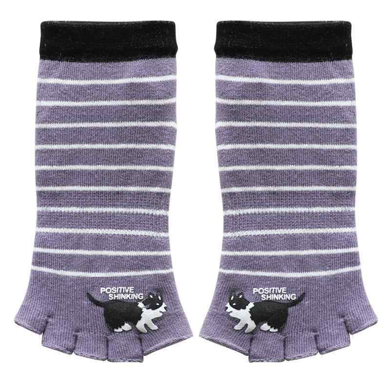 Five-Toed Socks - 5本指 レディース ソックス 夏 オープントゥ ショート 靴下 スニーカー フラットシューズ 柔らかい 薄手 通気性 吸汗 シンプル カジュアル スタイリッシュ グレー 紫 肌色 ネコ柄 ストライプ
