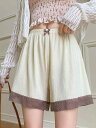 ペチパンツ ショート丈 夏 レディース ボトムス インナー ペチコート ゆったり 薄手 ウエストゴム 透け防止 通気性 接触冷感 バイカラー レース スカート 短パン ルームウェア シンプル 黒 白 肌色 リボン(4)