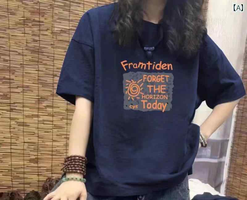 tシャツ レディース 半袖 ゆったり 夏 大きいサイズ コットン ラウンドネック プリント おしゃれ カジュアル ヴィンテージ風 白 黒 紺