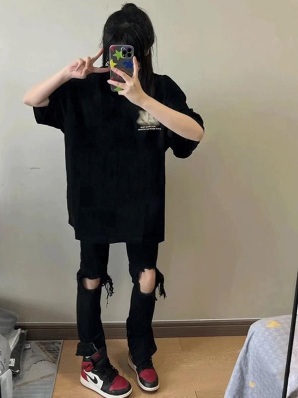 T-Shirts - tシャツ レディース 半袖 ゆったり ヴィンテージ風 ストリート コットン 大きいサイズ 春夏 ルーズ ラウンドネック プリント 黒 白
