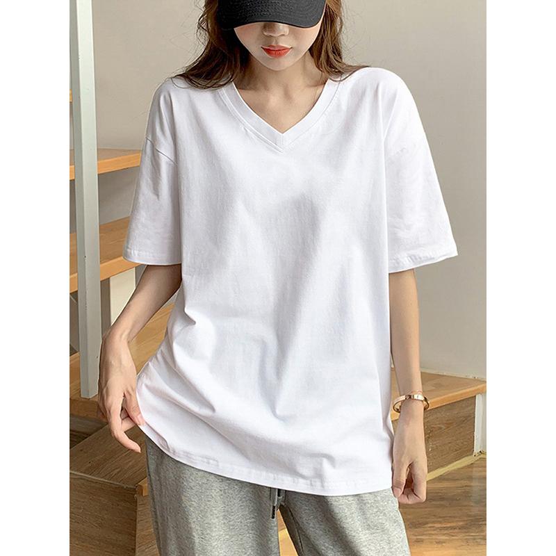 tシャツ レディース 半袖 ゆったり Vネック コットン ルーズ 無地 トップス 大きいサイズ シンプル カジュアル 体型カバー 白 黒
