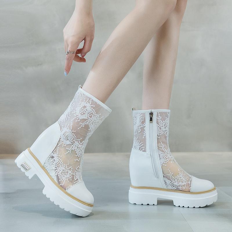 サマー ブーツ シースルー シアー 透け感 レディース メッシュ ショート 薄手 通気性 おしゃれ ラウンドトゥ 白 黒 軽量 耐摩擦 花柄