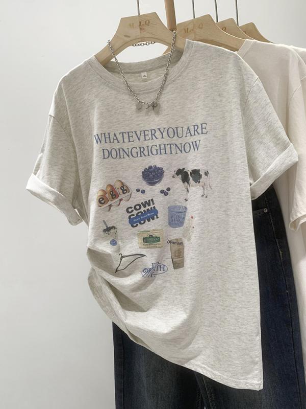 レディース ゆったり目 Tシャツ 夏 韓国 トップス 半袖 ビッグシルエット スリム ラウンドネック プリント シンプル カジュアル スタイリッシュ グレー 牛