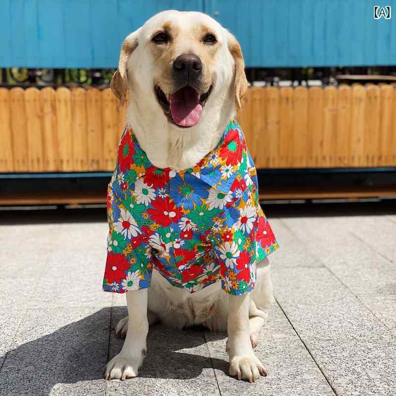 犬 夏服 シャツ 薄手 日焼け防止 華やか 大きいサイズ おしゃれ 大ぶり 花柄 ボリューム袖 旅行 リゾート ペット 透けない 青 赤 緑