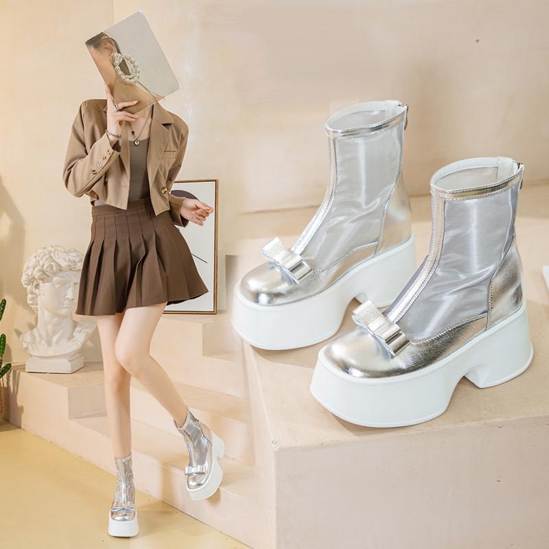 サマー ブーツ シースルー シアー 透け感 リボン かわいい 薄手 メッシュ 通気性 ショッピング 韓国 厚底 ラウンドトゥ アイボリー 黒 シルバー