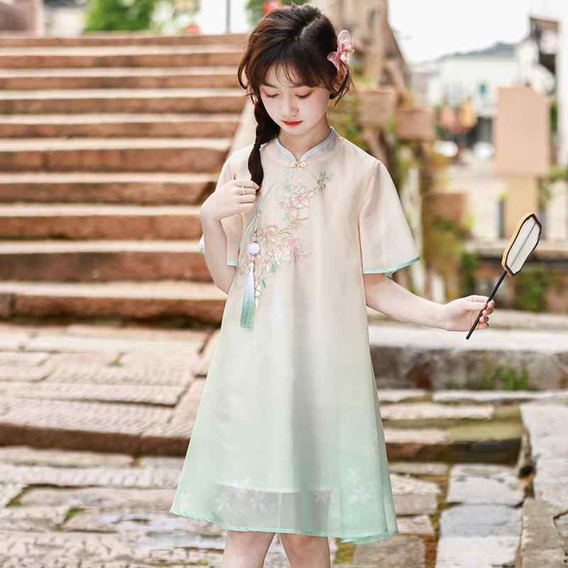 チャイナドレス 子供 夏 女の子 キッズ ジュニア 中国風 漢服 シフォン Aライン スカート ミディ丈 ワ..