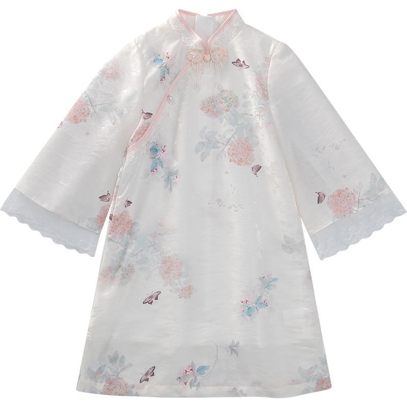 チャイナドレス 子供 春 女の子 キッズ ジュニア 中国風 伝統的 旗袍 シフォン レース Aライン スカー..