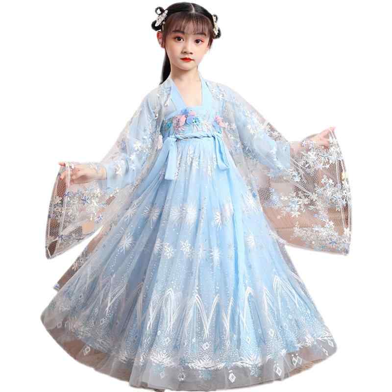 チャイナドレス 子供 女の子 春夏 キッズ ベビー 中国風 伝統的 漢服 スカート シフォン 刺繍 発表会 結婚式 記念日 舞台 衣装 シンプル かわいい エレガント ピンク 青 白 花柄 羽根