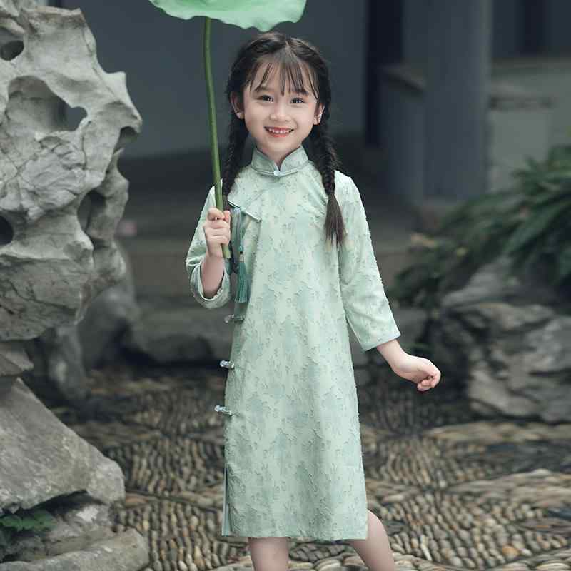 チャイナドレス 子供 女の子 秋 キッズ ジュニア 中国風 伝統的 漢服 スカート ワンピース タッセル スリット 発表会 結婚式 記念日 舞台 衣装 シンプル モダン エレガント 緑 花柄