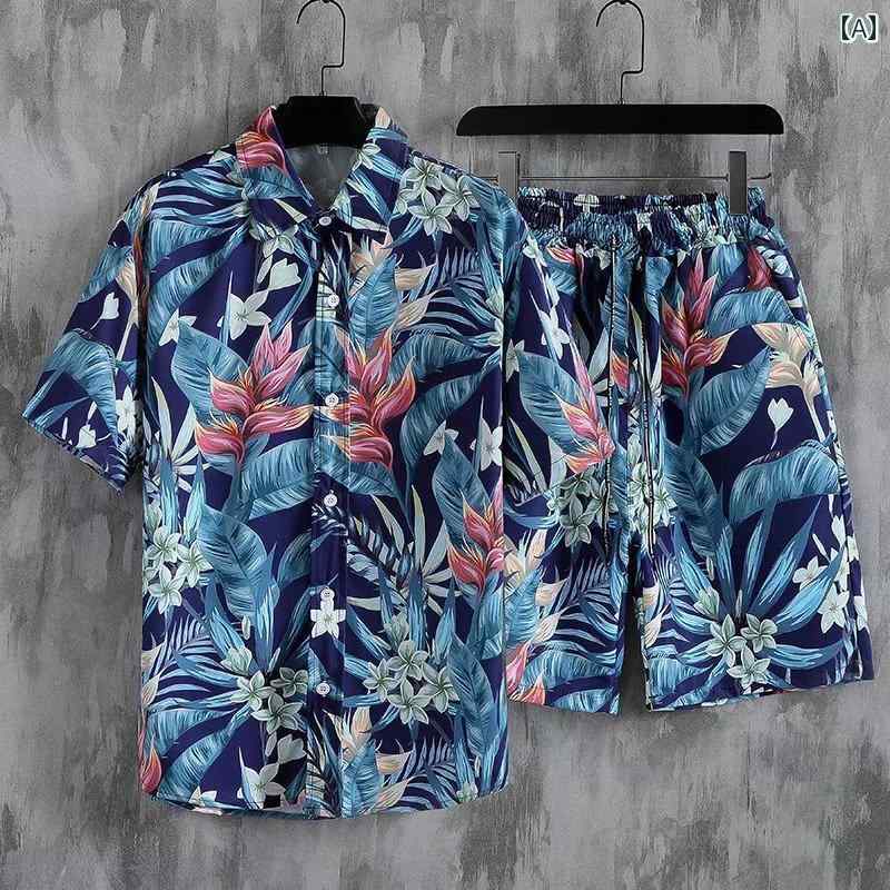 夏服 メンズ 派手 上下セット シャツ シングルブレスト 襟 半袖 ハーフパンツ ウエストゴム 紐 大きいサイズ ゆったり カップル 花柄 葉模様 総柄 赤 黄 白