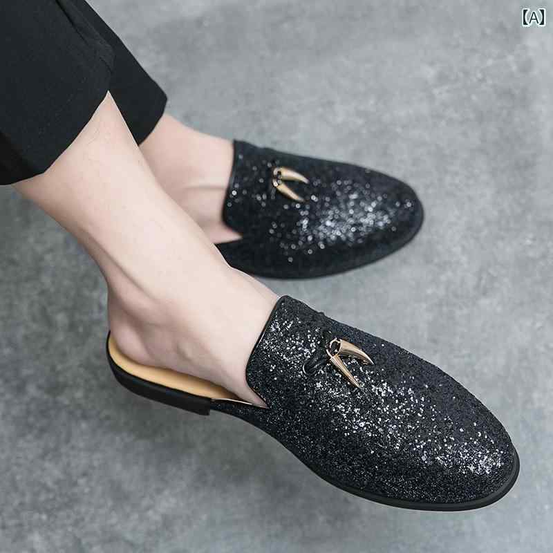 かかとなし シューズ メンズ ハーフ スリッパ スリッポン 夏 ヒールレス とがった フラット プレーン 革靴 通気性 快適 オフィス 履き替え ドライビング サンダル 黒 シルバー