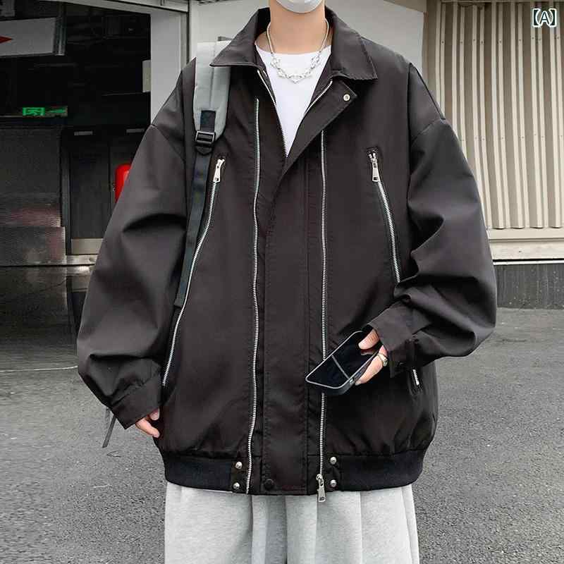 ジャケット メンズ 秋 長袖 春 アメリカン レトロ スタジャン アウター ゆったり 大きいサイズ ビッグシルエット ジップアップ 襟 前開き スナップボタン カジュアル 普段使い レジャー かっこいい 黒 赤