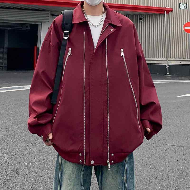 ジャケット メンズ 秋 長袖 春 アメリカン レトロ スタジャン アウター ゆったり 大きいサイズ ビッグシルエット ジップアップ 襟 前開き スナップボタン カジュアル 普段使い レジャー かっこいい 黒 赤