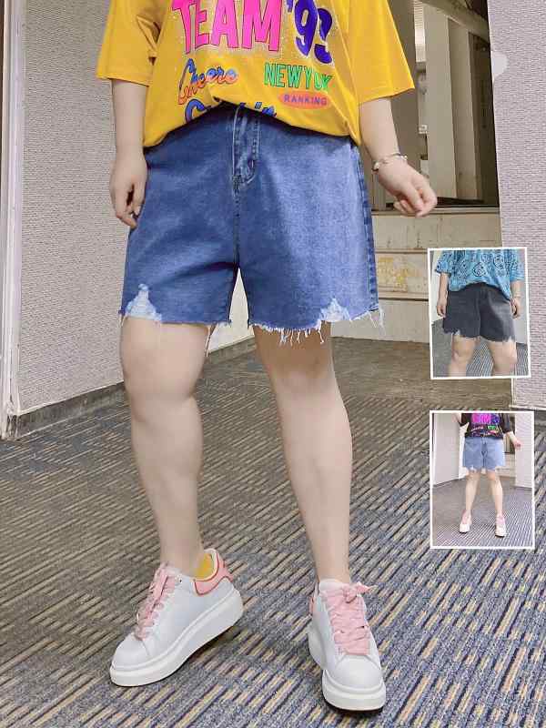 Short Pants - パンツ レディース 春夏 韓国 ぽっちゃり 大きいサイズ デニム ショート丈 ポケット ダメージ加工 薄手 ゆったり 体型カバー カジュアル 青 グレー