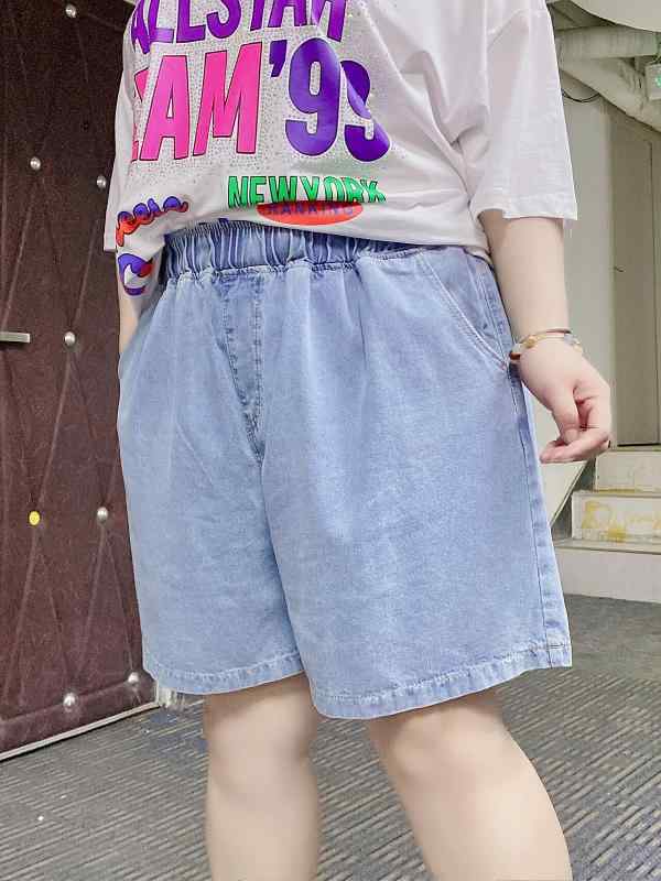 Short Pants - パンツ レディース 春夏 ぽっちゃり 大きいサイズ デニム ショート丈 ポケット ウエストゴム 薄手 ゆったり 体型カバー カジュアル シンプル 青