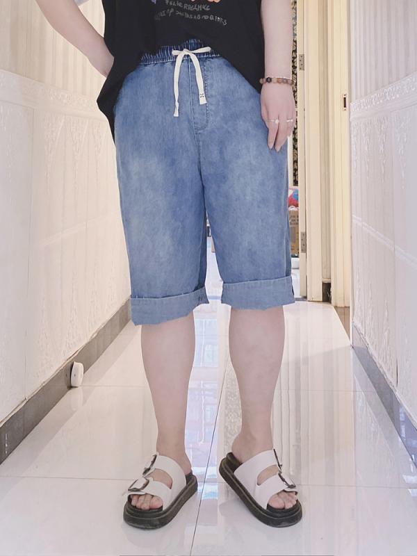 パンツ レディース 春夏 ぽっちゃり 大きいサイズ デニム 五分丈 ポケット 体型カバー ウエストゴム 薄手 スリム フィット 通気 カジュアル