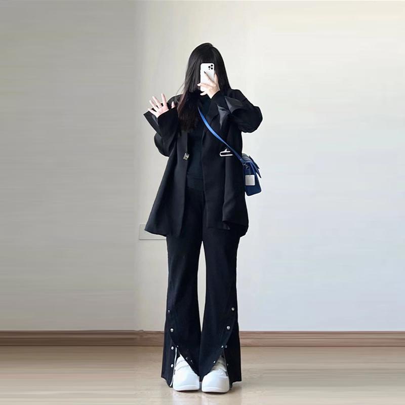 Straight Jeans - パンツ レディース 大きいサイズ ぽっちゃり 春秋 デニム ロング丈 ストレート ストレッチ ワイド フレア ハイウエスト ゆったり ボタン アメリカン レトロ カジュアル 黒