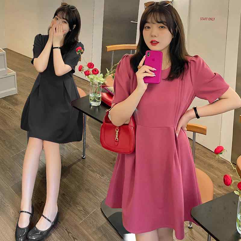 乐天商城 - ワンピース レディース 春夏 半袖 大きいサイズ ぽっちゃり お腹カバー 着痩せ Aライン 膝上丈 ロング ラウンドネック パフスリーブ 通気性 肌に優しい おしゃれ お呼ばれ デート ピンク 黒
