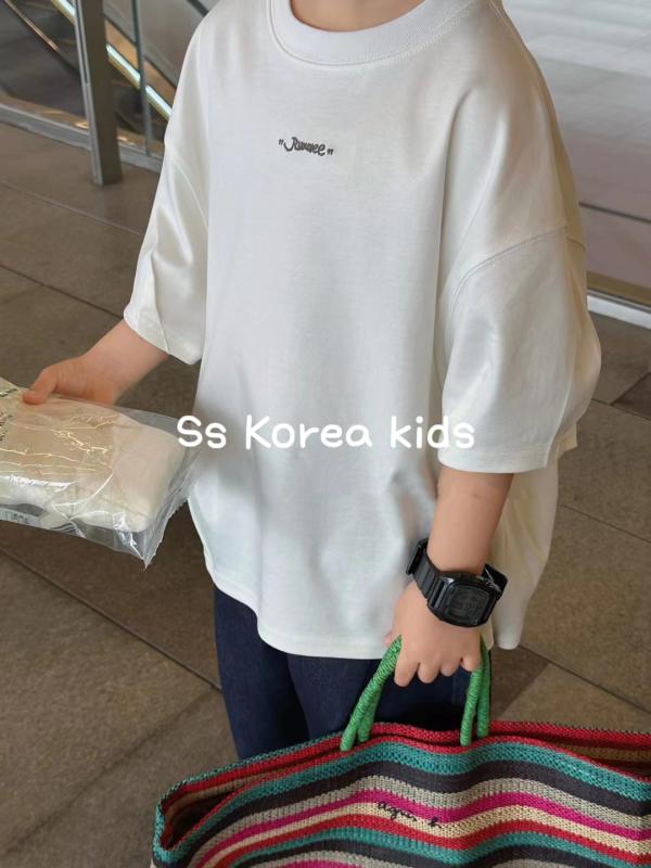 T-Shirts （Short Sleeve） - 男の子 tシャツ おしゃれ 韓国 トップス ラウンドネック キッズ 大きいサイズ ゆったり 着やすい 女の子 半袖 黒 白 英文字ロゴ シンプル カジュアル