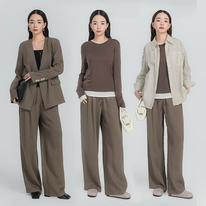 Linen, Hemp - レディース ノーカラージャケット 春夏 長袖 きれいめ オフィスカジュアル 仕事 ビジネス 薄手 スリムフィット ゆったり セットアップ パンツ Vネック ブラウン カーキ
