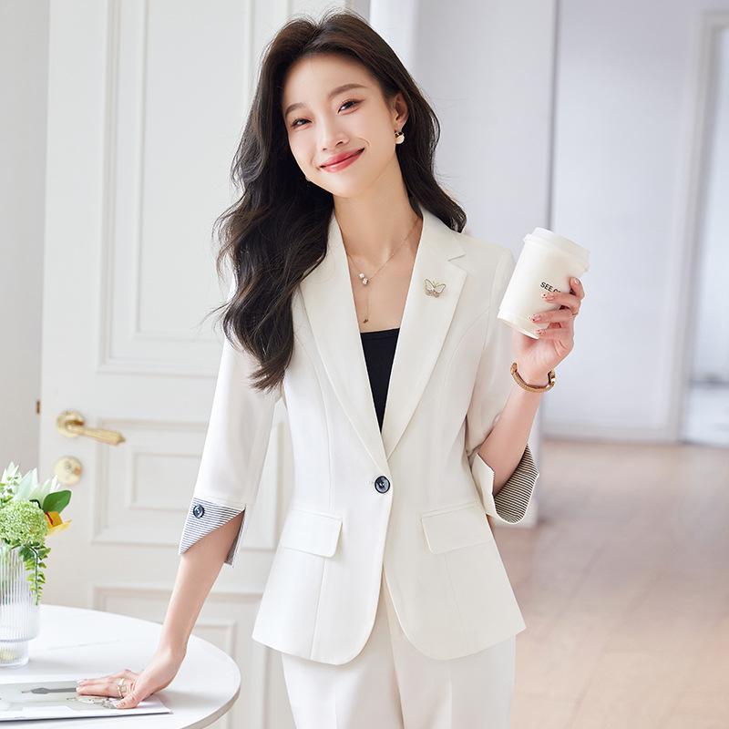 テーラードジャケット レディース 春夏 七分袖 セットアップ パンツスーツ ショート丈 スリム 細見え ストレッチ 伸縮性 着回し オフィス 通勤 ビジネス きれいめ 上品 高級感 無地 羽織り ホワイト グリーン アプリコット 30代