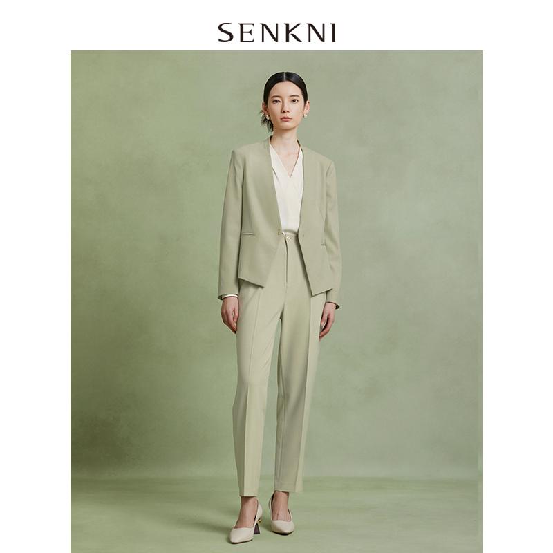 レディース ノーカラージャケット 春夏 長袖 きれいめ オフィスカジュアル 大きいサイズ グリーン 仕事 ビジネス ゆったり セットアップ Vネック パンツ