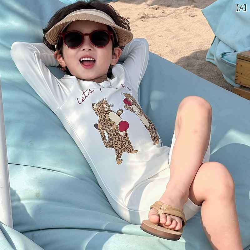 水着 男の子 オールインワン 長袖 半ズボン 子供 スイムスーツ プール 海 ロンパース 日焼け防止 速乾 ヒョウ 動物 プリント 白 おしゃれ