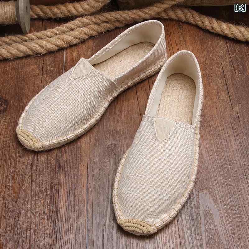 かかとなし シューズ メンズ 夏 スリッポン 紐なし カジュアル チャイナ風 リネン 無地 チェック ストライプ アイボリー 黒 グレー