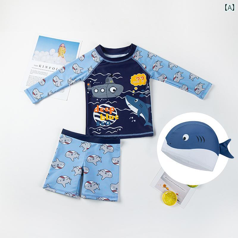水着 男の子 セットアップ 韓国 子供 幼児 セパレート ラッシュガード 長袖 パンツ スイムキャップ3点 速乾 日焼け防止 大きいサイズ プール 海 水泳 温泉 シンプル かわいい 青 サメ