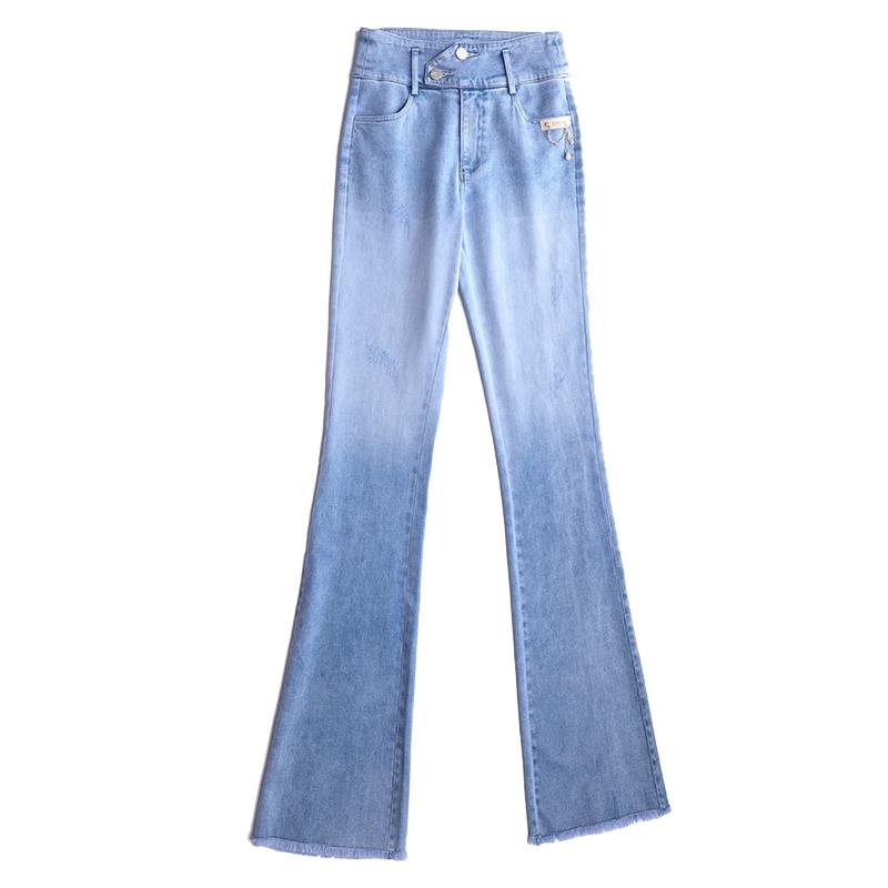 デニム フレアパンツ レディース ジーンズ 通年 ハイウエスト 足長 青 フリンジ ダメージ 色落ち カジュアル 大きいサイズ ブーツカット ストレッチ