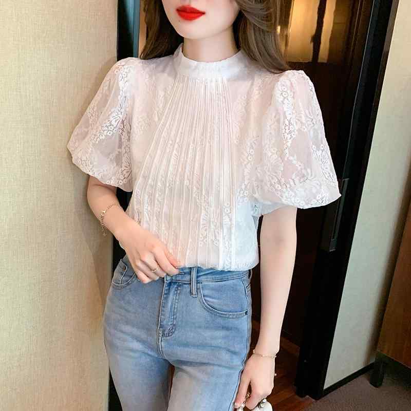 パフスリーブ 半袖 トップス 夏 レディース レース シャツ ランタン スリーブ プリンセス おしゃれ スタンドカラー 通勤 ステッチ 白 黒 アプリコットのサムネイル