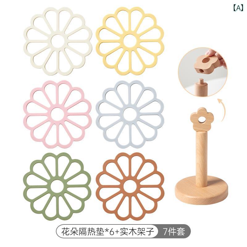 コースター シリコン 耐熱 防水 柔らかい キッチン ダイニング 家庭用 便利 グッズ 使いやすい セット 木製 ラック 白 緑 黄 花 おしゃれ