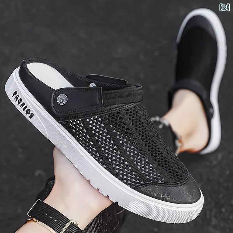 かかとなし シューズ メンズ ハーフ 夏 滑りにくい 防臭 ソフト 底 穴 靴 カジュアル オフィス 履き替え スポーツ レジャー デュアル メッシュ サンダル ベルト 黒 ベージュ ムーンライト